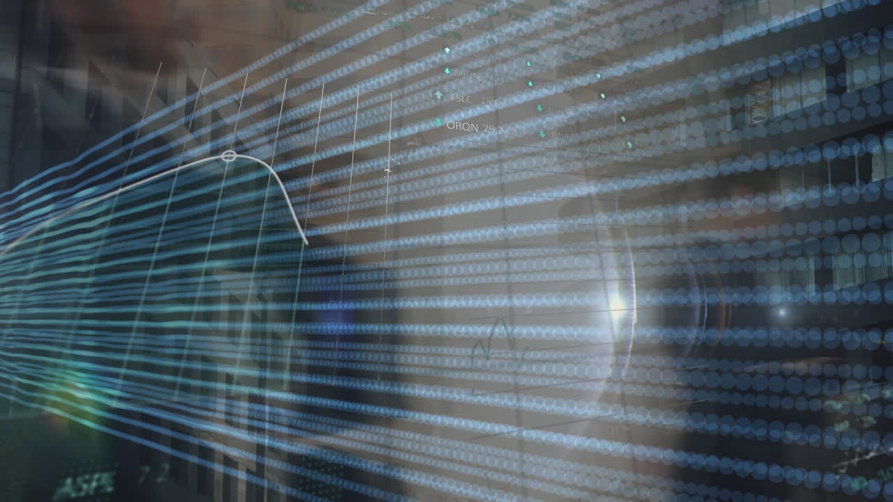 animación del procesamiento de datos financieros sobre peatones que caminan en movimiento rápido