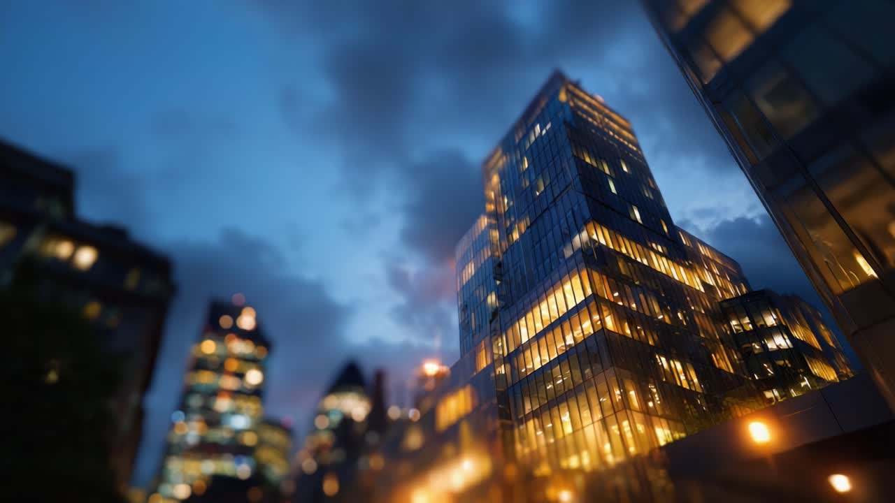 Meraviglioso paesaggio urbano di notte: alti edifici illuminati da luci dorate sotto un cielo nuvoloso suggestivo, creando una vivace atmosfera urbana