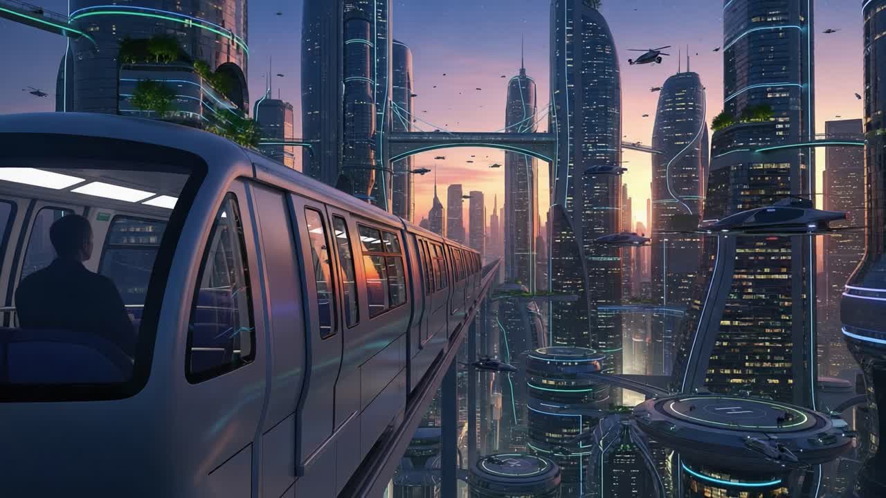 Futuristic Urban Transit: A Monorail Journey Through a High-Tech Cityscape at Dusk, Showcasing Majestic Skyscrapers and a Vibrant Horizon