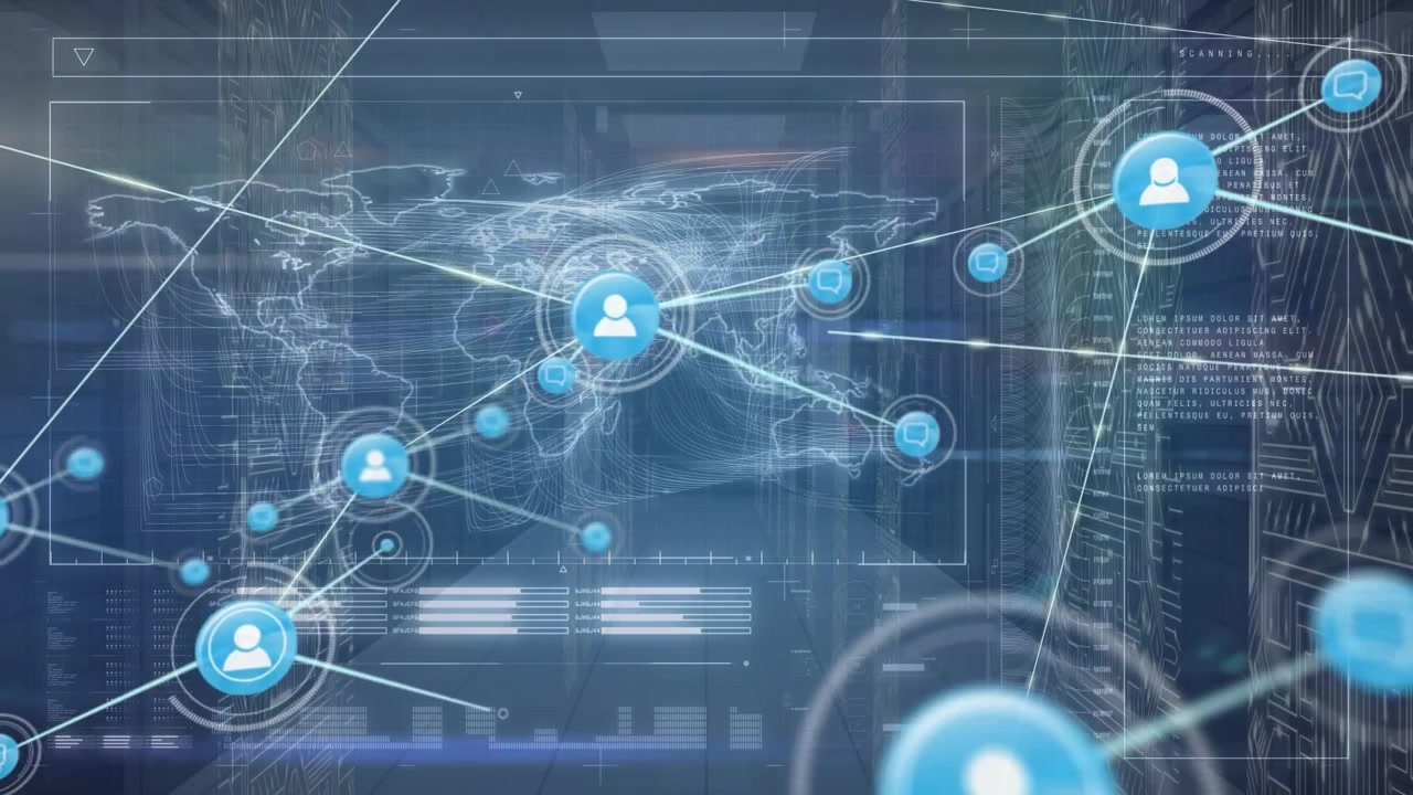 Global map appearing, target causing central blue avatar emerging, HUD lines mapping network tech