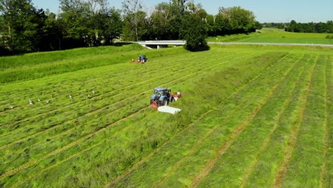 hay tedder and mower in action filmed from above during hay harvest