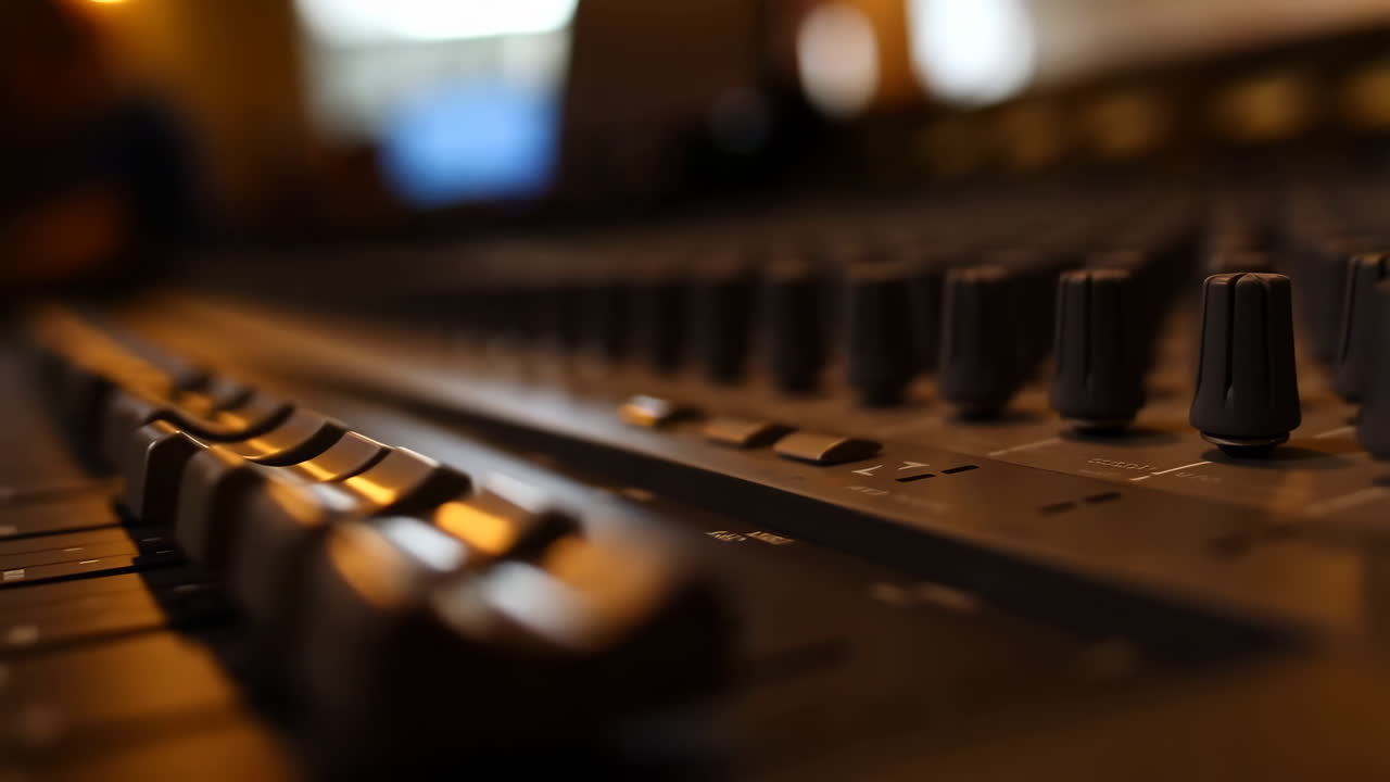 Close-up of an audio mixing console faders and knobs with warm lighting