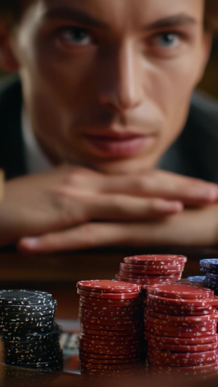 Concentrazione Intensa e Pensiero Strategico: Un primo piano di un giocatore che contempla la sua prossima mossa in una partita circondato da vivaci fiches da casinò e spirito competitivo