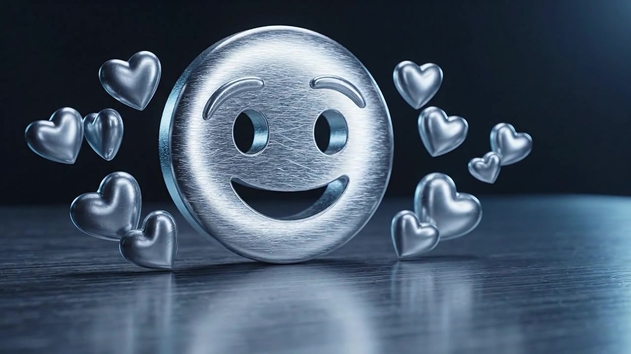 En levende metallisk smiley-emoji, der udstråler glæde og lykke, omgivet af svævende hjerter, der fanger essensen af positivitet og hengivenhed i et elegant design.