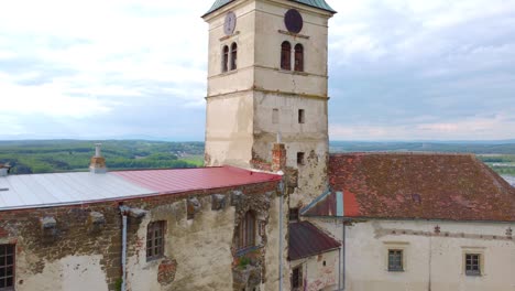 tower of gussing castle in burgeland, austria, flying close to tower