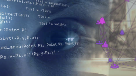 animation of computer language and connected icons globe, close up of cropped eye of caucasian woman