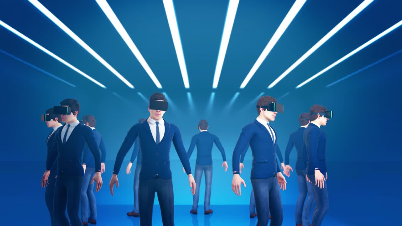 가상 현실 헤드을 착용한 남자들, 3d 렌더링.