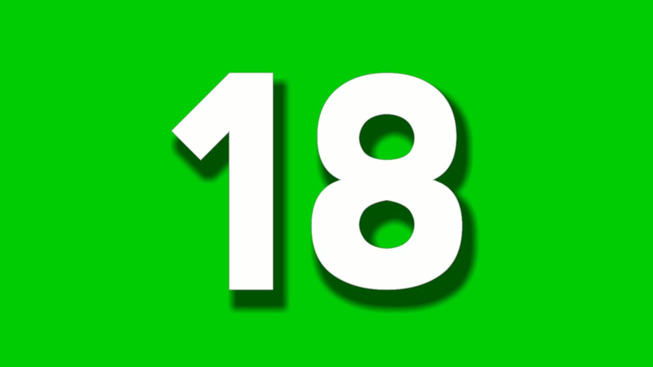 número dieciocho animación de dibujos animados en fondo de pantalla verde, número de video de dibujos animados 4k gráficos en movimiento para elementos de video