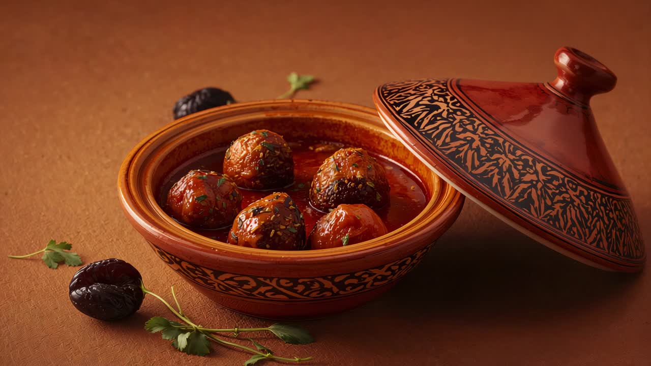Kamerayı yaklaştırarak stüdyo masasındaki seramik tajine odaklanılıyor, detay için altı adet soslu top ortaya çıkıyor.