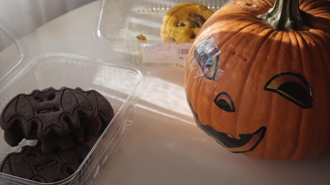 Pumpkin with face stickers beside Halloween bat biscuits in warm morning sunlight