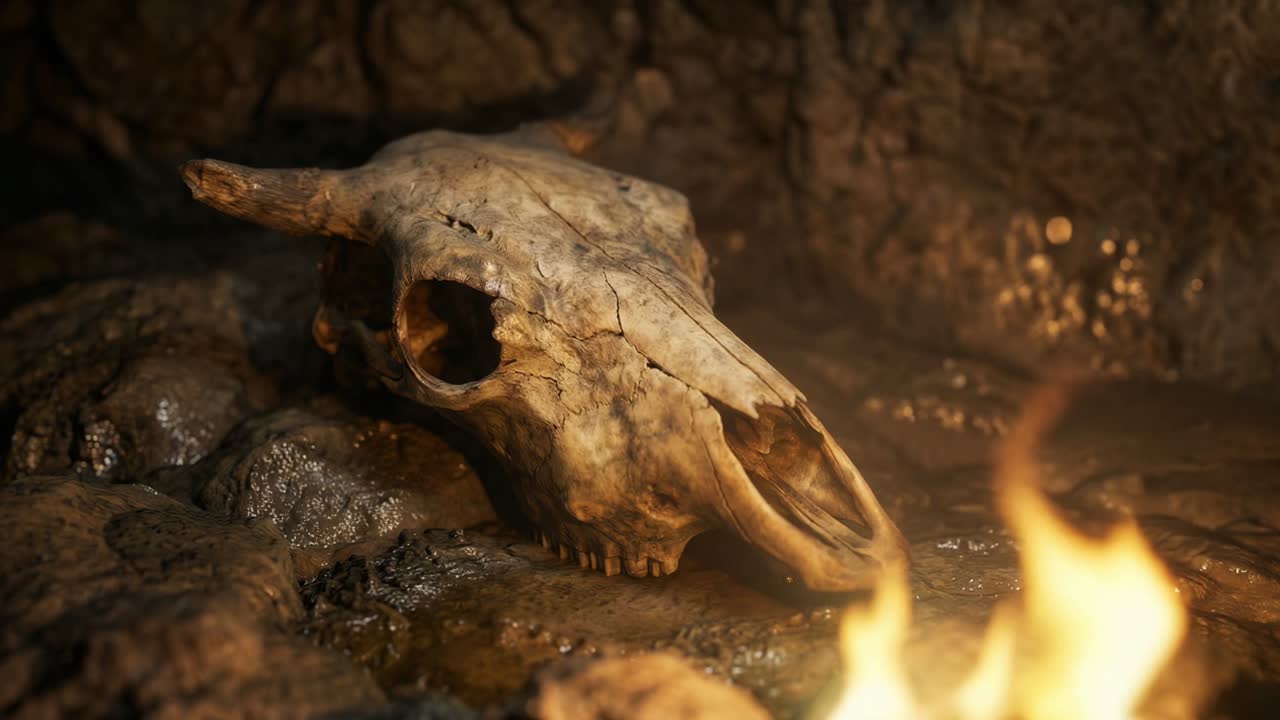 Dávná zvířecí lebka spočívající u mihotajícího se ohně v temné jeskyni
