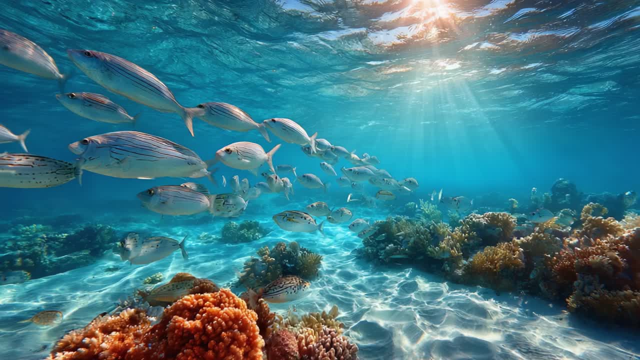 Una serena escena submarina que muestra un vibrante arrecife de coral lleno de enigmática vida marina y un luminoso filtro de luz solar que deslumbra a través de las claras aguas del océano.