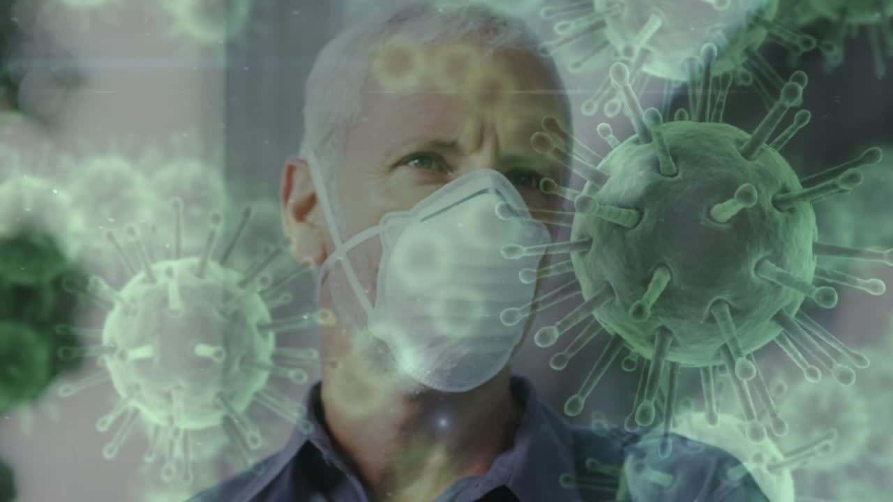 animación de células de covid-19 moviéndose sobre un hombre con una máscara facial