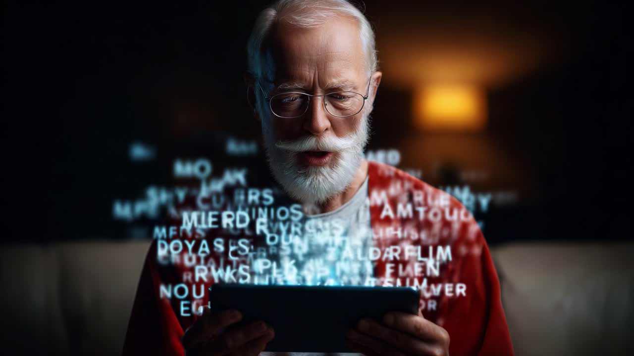 A Thoughtful Senior in a Cozy Environment Engaged with Technology, Holding a Tablet while Exploring Digital Text and Letters Surrounding Him in an Enigmatic Atmosphere