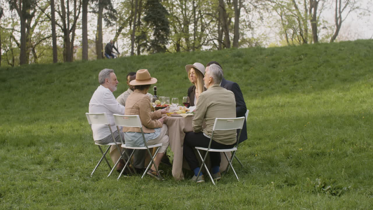 amigos multirraciales hablando juntos mientras cenan en el parque