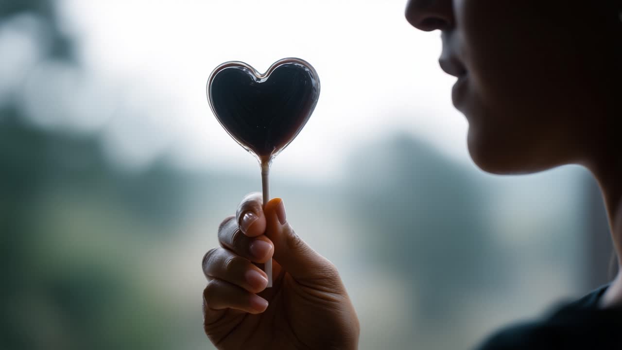 A close-up of a person's hand holding a heart-shaped lollipop, featuring a blurred background that enhances the sweet sentiment of affection and love in the moment