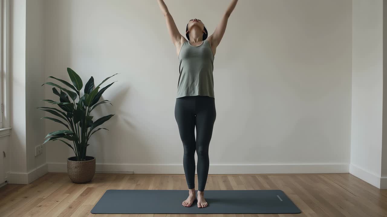 Mulher fazendo ioga, inspirando e levantando os braços acima da cabeça, com linhas animadas, tapete, janela e planta para a saúde.