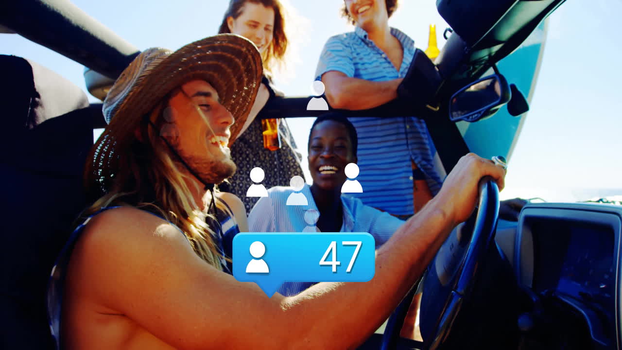 friends riding convertible under bright sun, holding straw hat, displaying animated travel icons