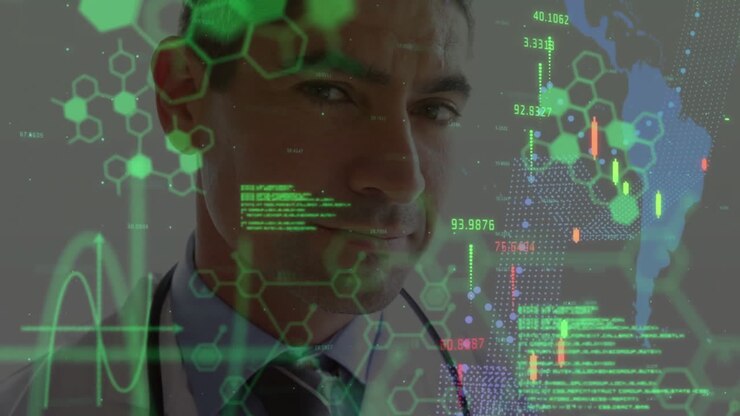 Animation of data processing over caucasian male doctor