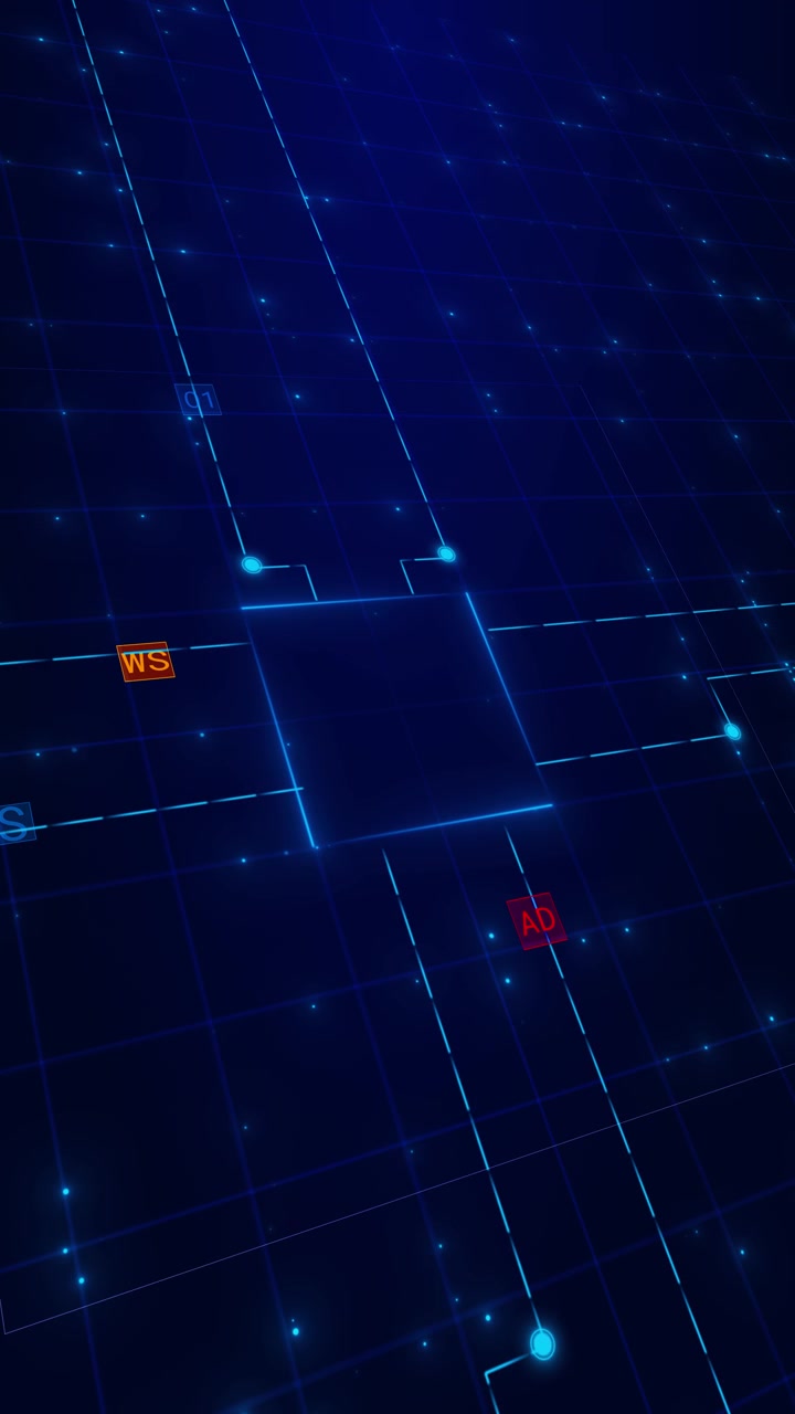 Blue digital workflow circuit background with glowing square hub grid lines node connections and
