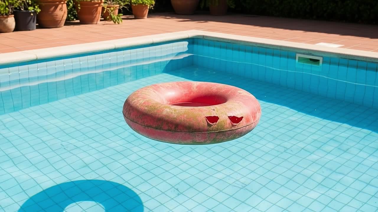 A Vibrant Floating Pool Raft Captured in Two Frames: Enjoying Leisure Time Under the Sun with a Colorful Water Toy in a Tranquil Swimming Pool Setting
