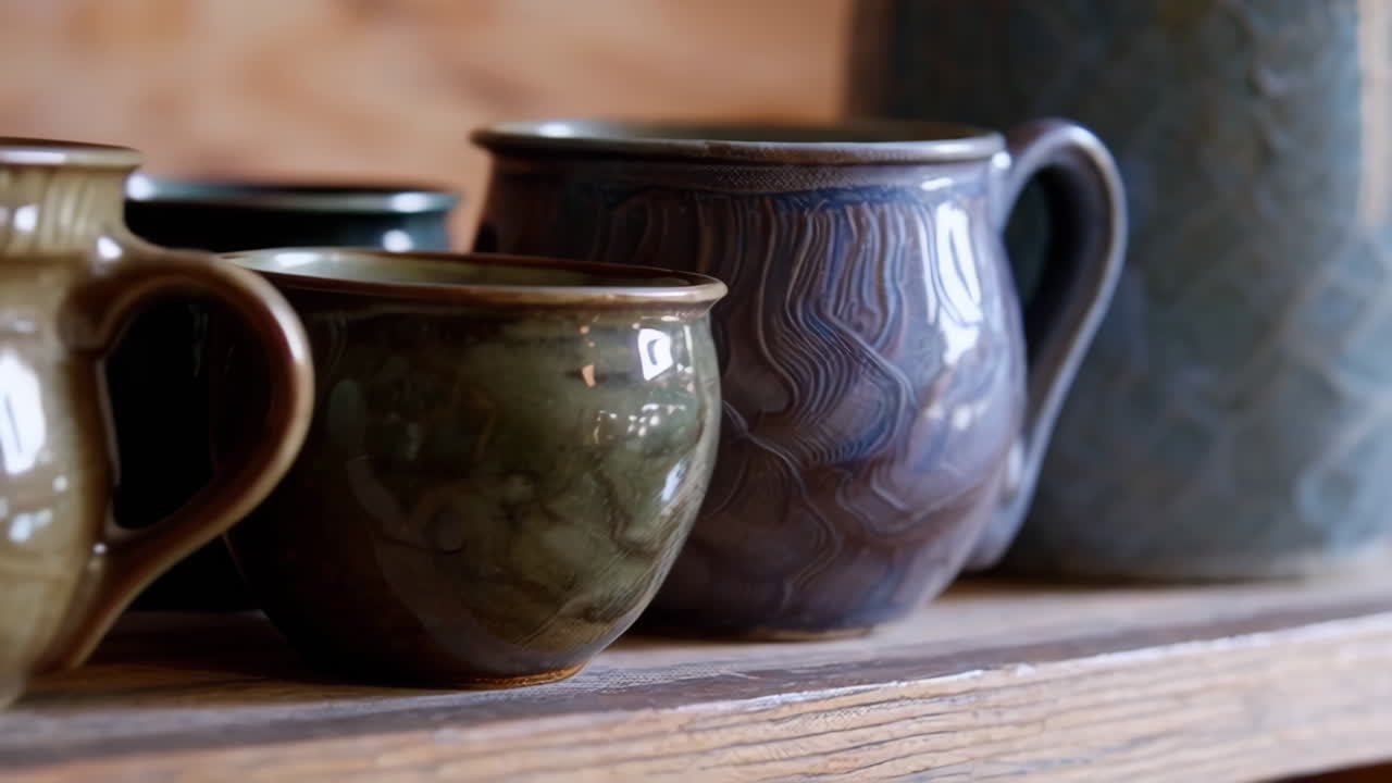 A collection of handcrafted ceramic pottery and mugs on a wooden shelf