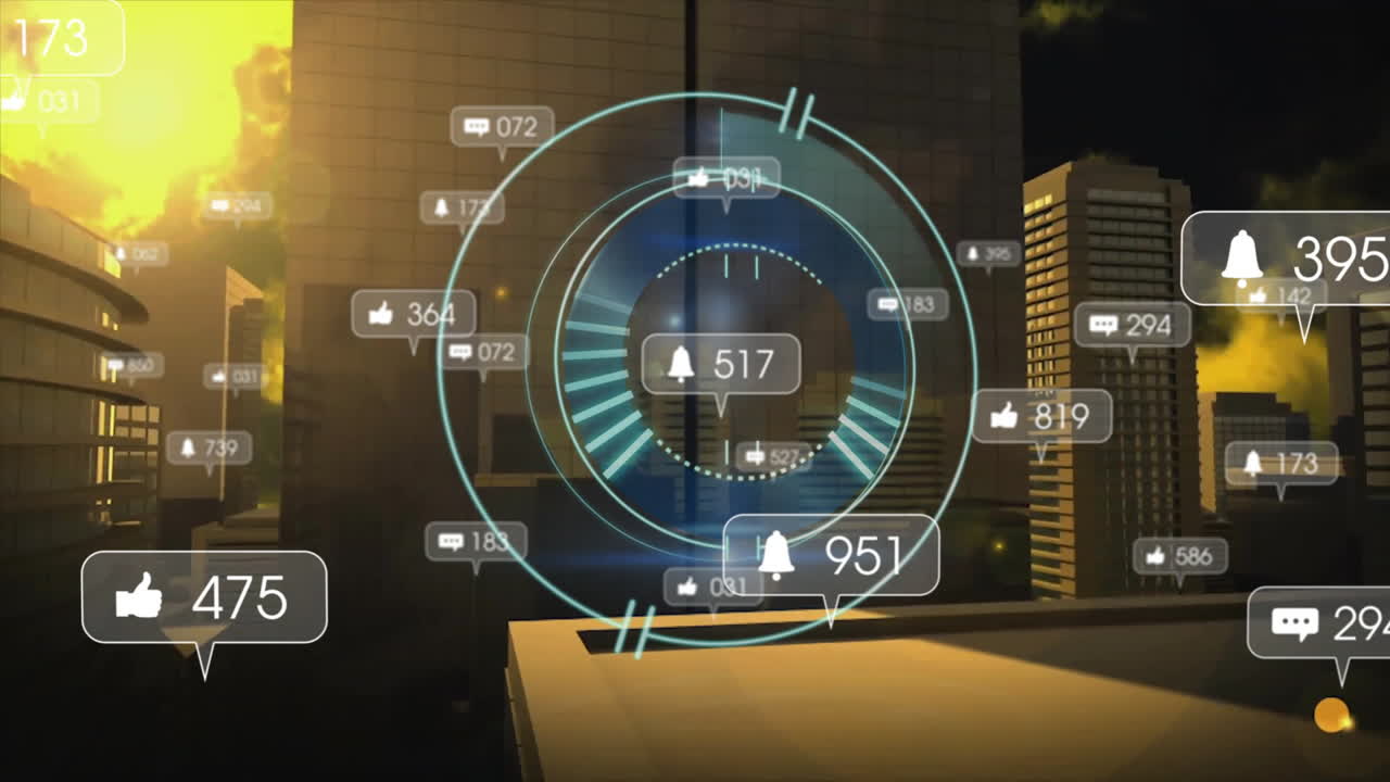 Holographic circular interface floating over skyline, showing social metrics icons moving