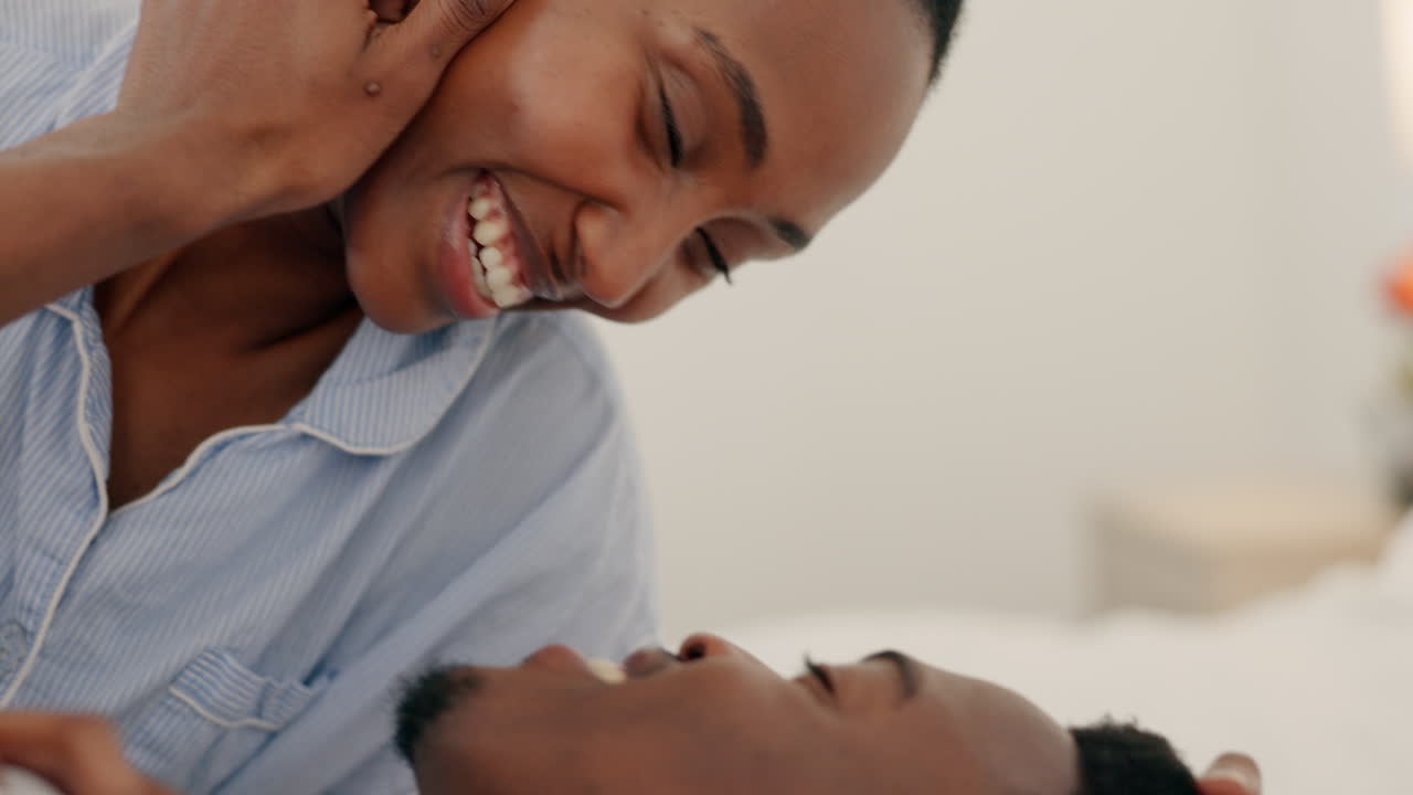 Love, kissing and smile bedroom black couple