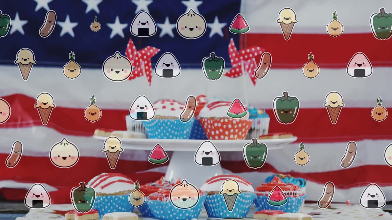 테이블 위 에 있는 컵케이크 위 에 음식 이 떨어지는 애니메이션