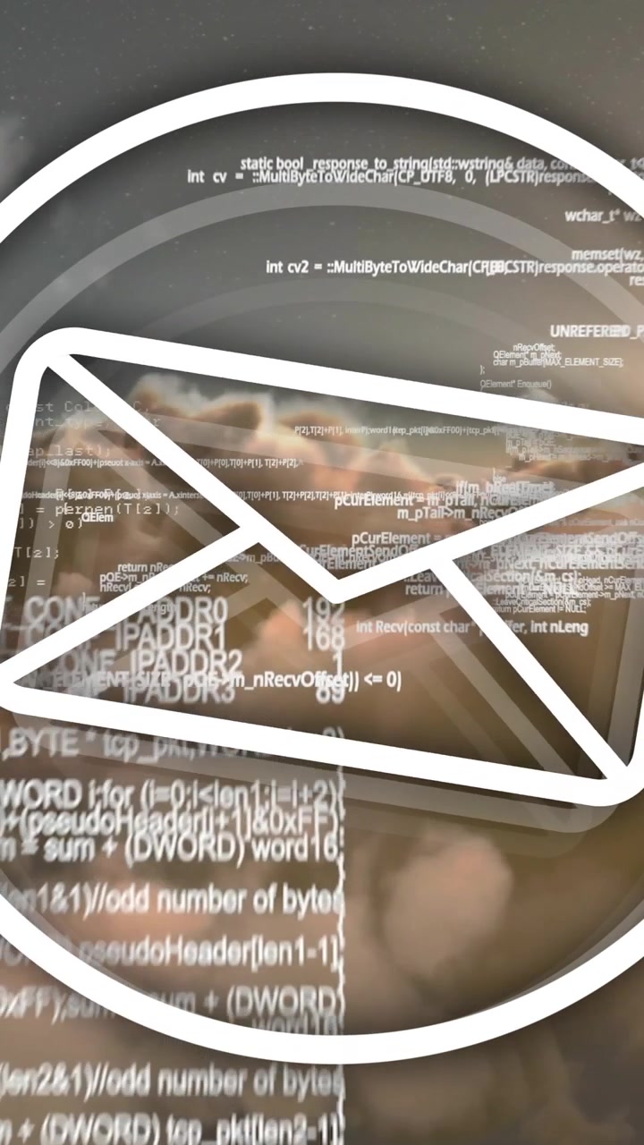 Email icon animation over digital code and clouds background