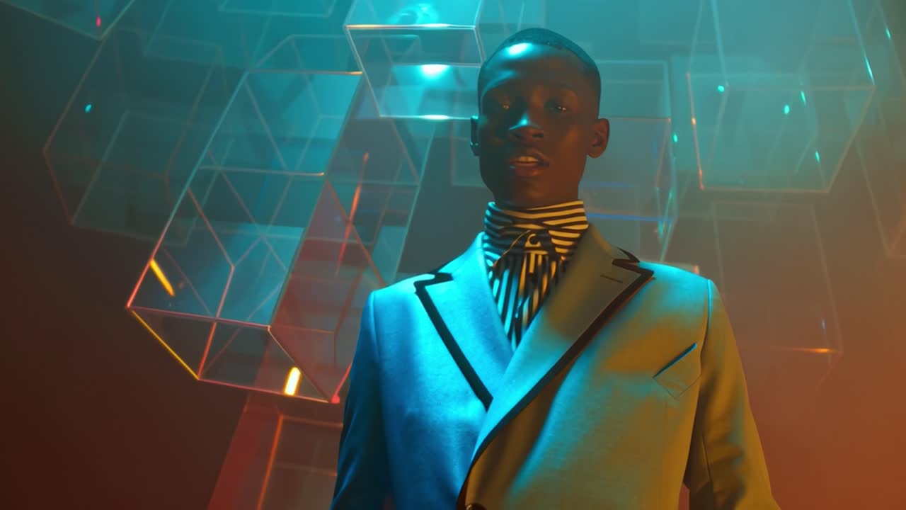 A strikingly styled model stands confidently amidst vibrant, multicolored geometric shapes and ethereal lighting, capturing the essence of modern fashion and contemporary artistry in a visually stunning display