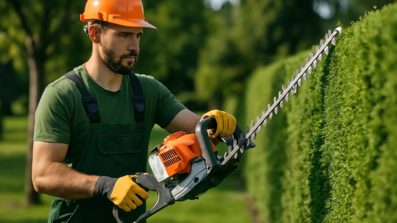 Professional Gardener Trimming a Green Hedge with a Hedge Trimmer