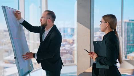 business people work on new project indoors. entrepreneurs man and woman in office on city window background in a bright day.