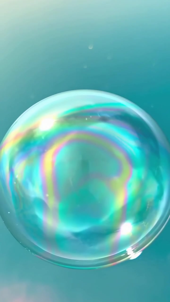 Bolle di sapone iridiscenti che fluttuano su uno sfondo verde acqua