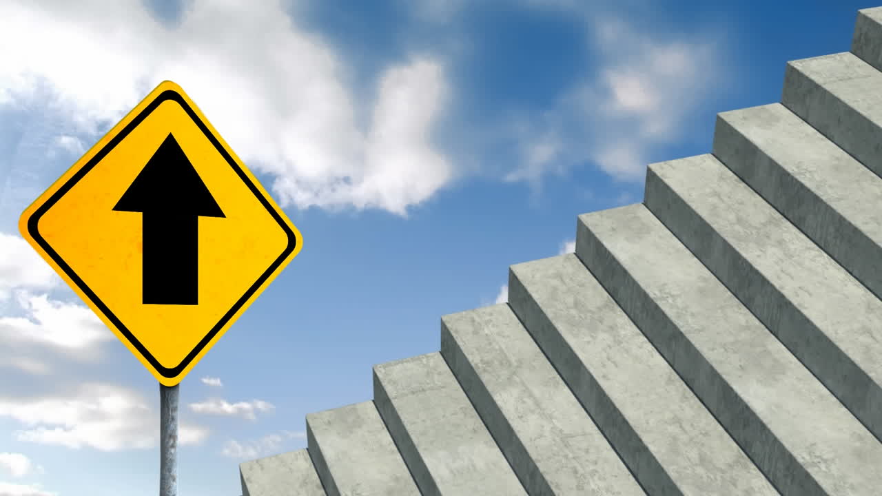 구름 위에 검은 화살표와 계단이 있는 도로 표지판의 애니메이션