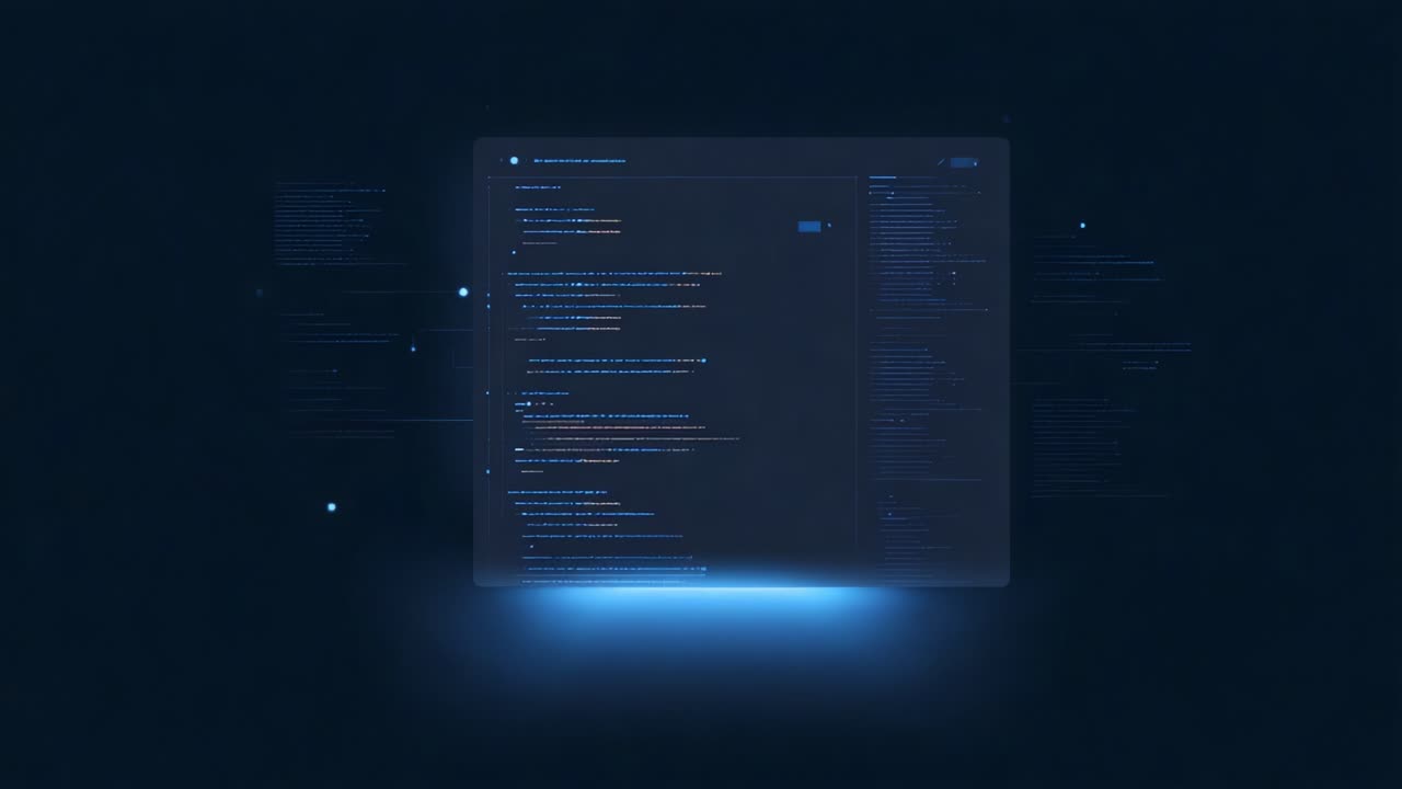 A futuristic interface displaying lines of code, showcasing programming and development in a dark environment with glowing elements and abstract data visualizations