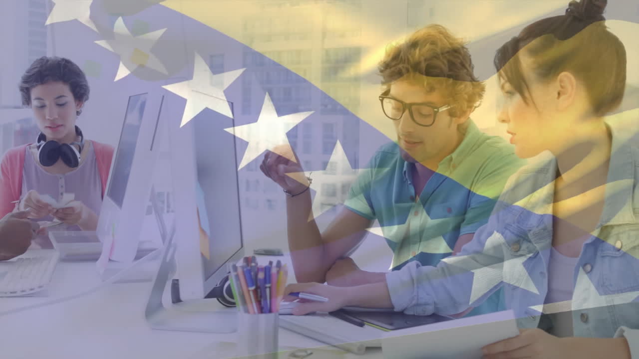 equipo colaborando en el escritorio sobre la animación de la bandera de bosnia y herzegovina