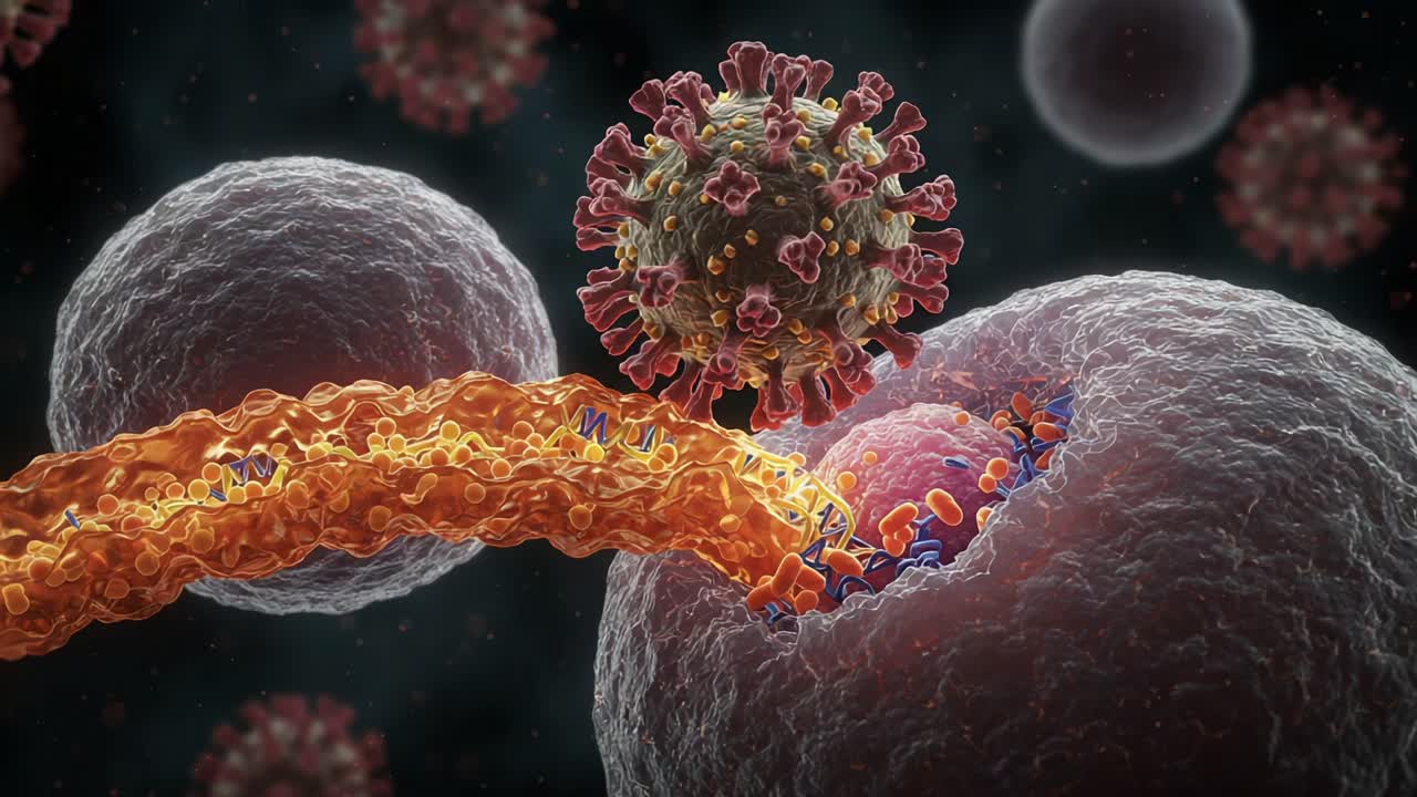 Detailed Visualization of Viral Interaction with Host Cells, Showcasing the Complex Mechanisms of Infection and Immune Response in Cellular Biology and Virology Studies