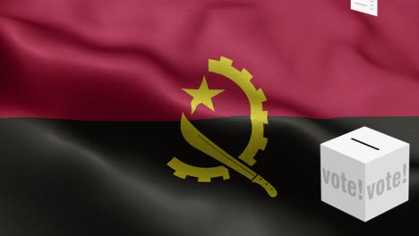 ballots fly to box for angola selection - ballot box in front of flag - election - vote - flag of angola - angola flag high detail - national flag angola wave pattern loopable elements - fabric texture and endless loop