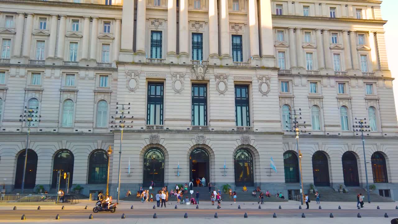 People at Buenos Aires City in Spring walk in National Kirchner Cultural Center building, Latin American panorama