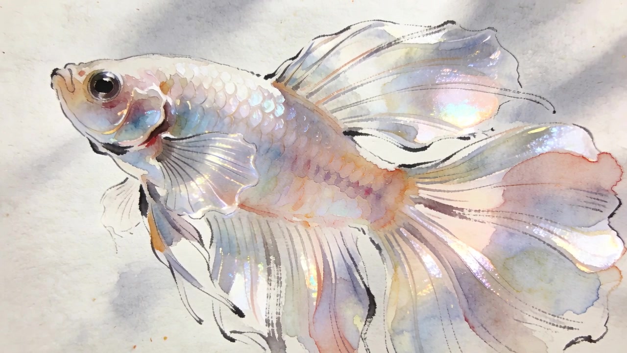 揺らめく光が、テクスチャのある紙に描かれた水彩画の魚の真珠のような鱗を輝かせ、際立たせる。