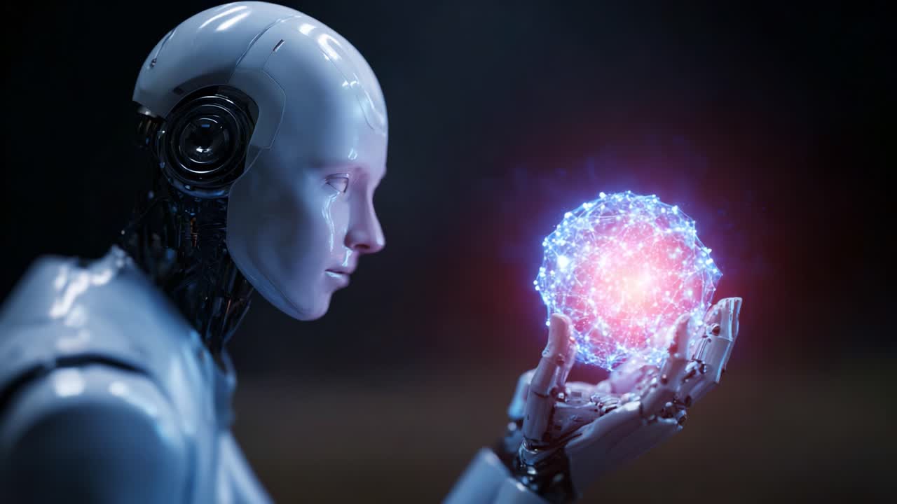 Un androide futuristico dotato di tecnologia avanzata stringe una sfera di energia luminosa, a rappresentare l'intersezione tra intelligenza artificiale e coscienza umanoide