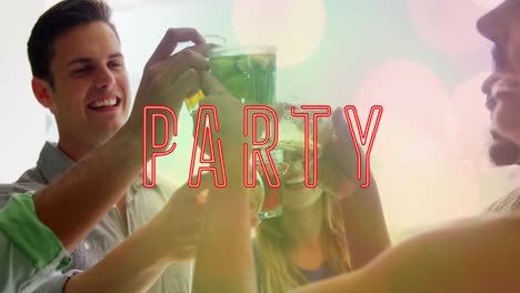 animation of party text over happy diverse friends with drinks