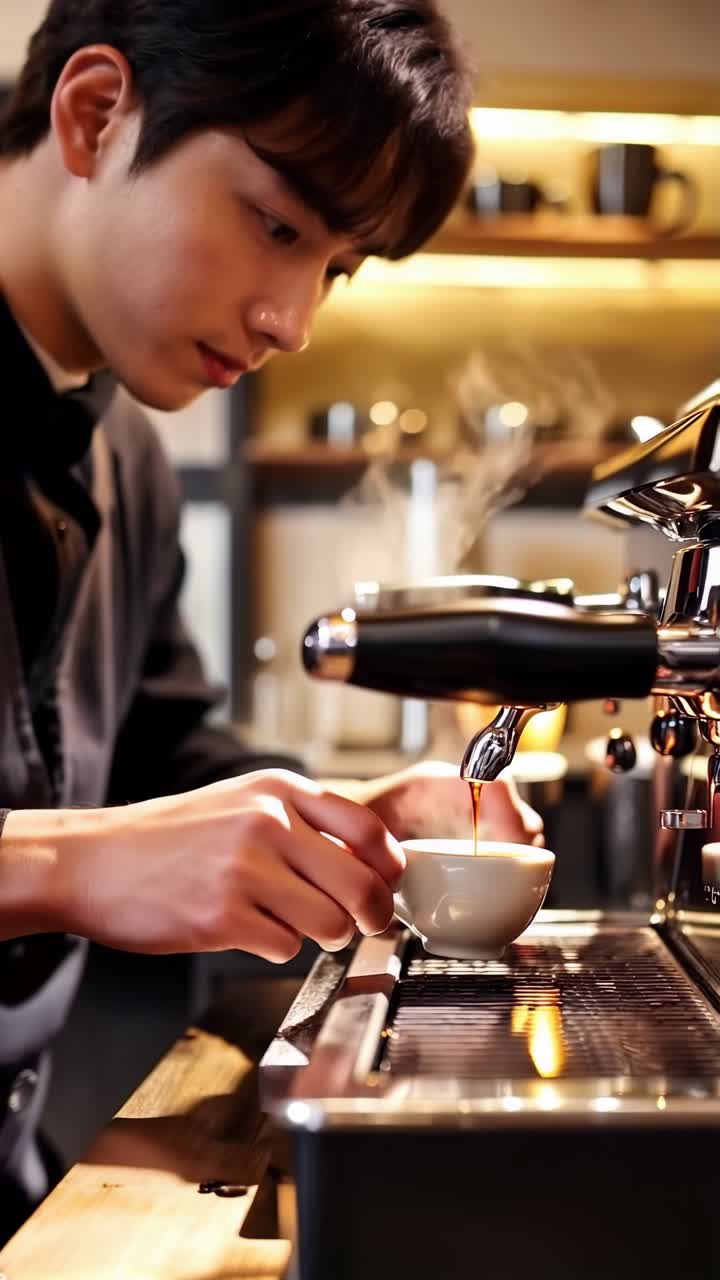 Professional barista preparing coffee using coffee maker and drip kettle.