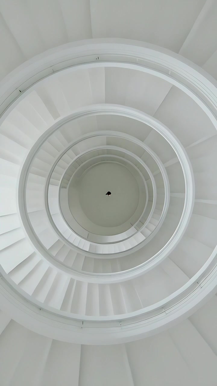 Video verticale: Telecamera che si regola rivelando l'interno di una scala a chiocciola e una figura immobile in abiti scuri.