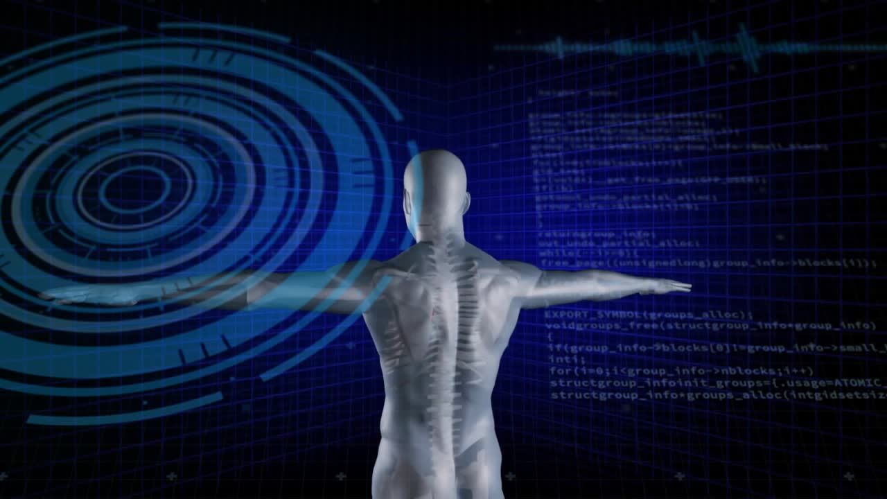 Scan circles pulsing code scrolling chest highlighting guiding metallic model rotating for scanning