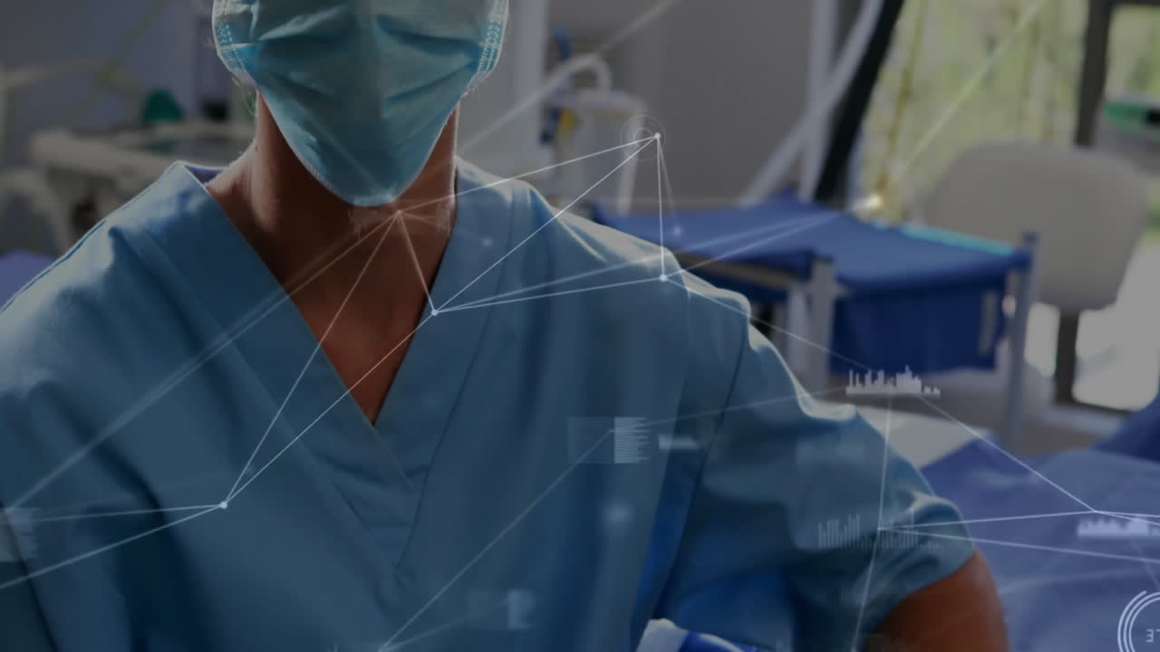 Healthcare professional wearing mask, processing data animation over hospital background