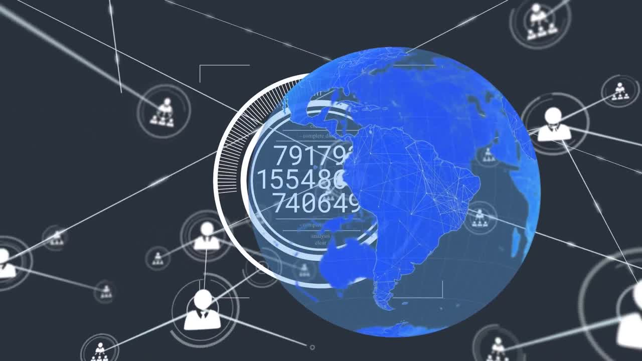 검은색 배경 위에 움직이는 원, 지구와 연결된 아이콘의 숫자의 애니메이션