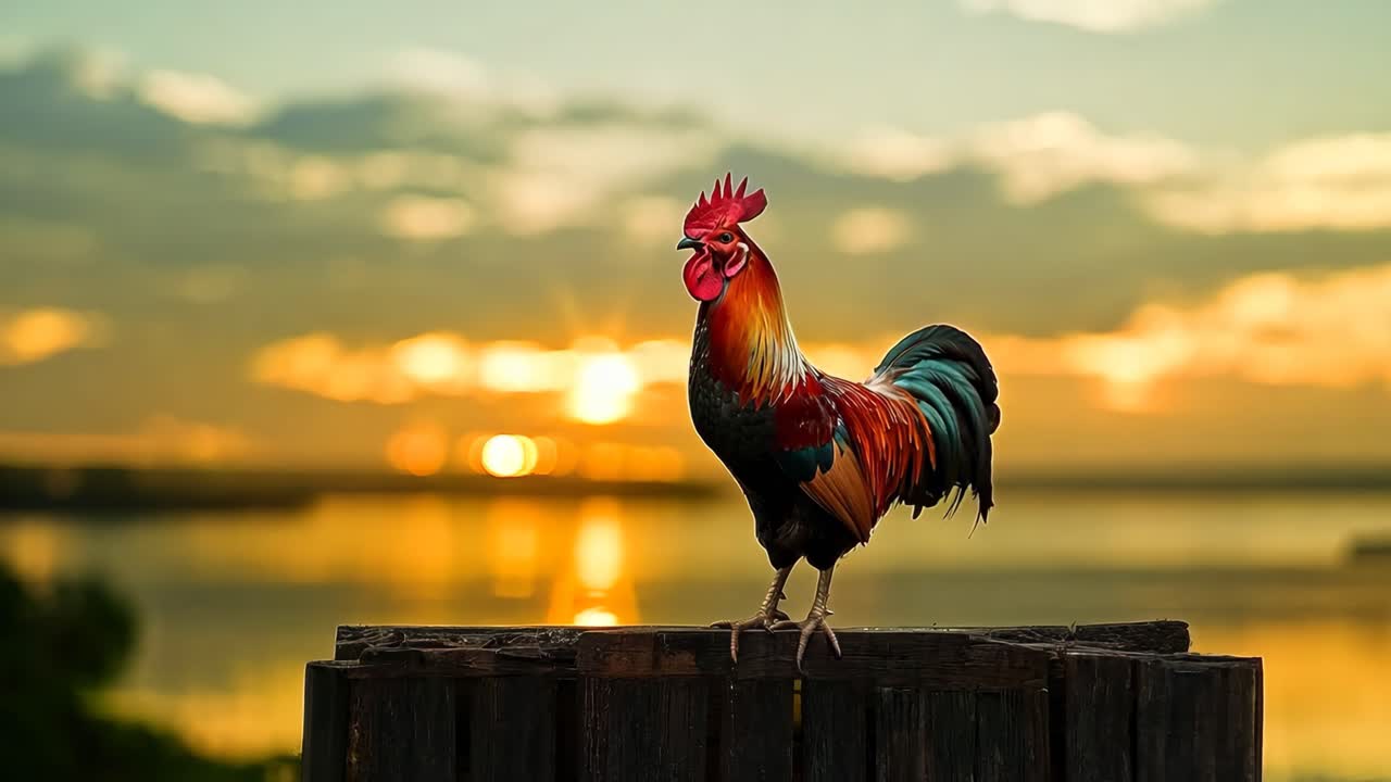 A rooster stands on a wooden post by the water. The rooster is red, black, and white