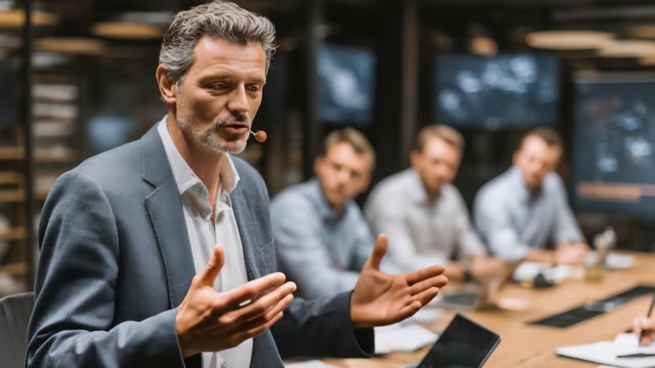 Leadership coinvolgente in azione: un professionista dinamico interagisce con un pubblico attento durante un'importante riunione o presentazione in un ambiente di lavoro moderno.